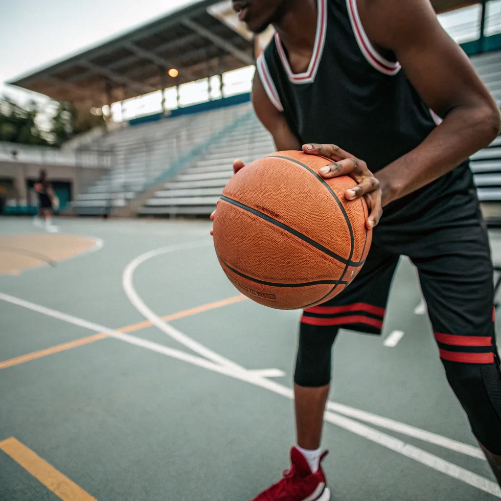 A person holding a basketball in a court