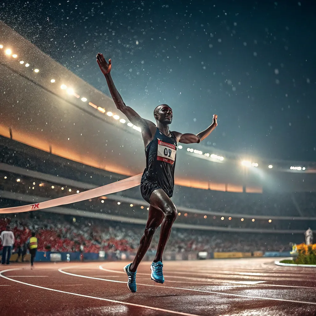 Runner crossing the finish line in a stadium